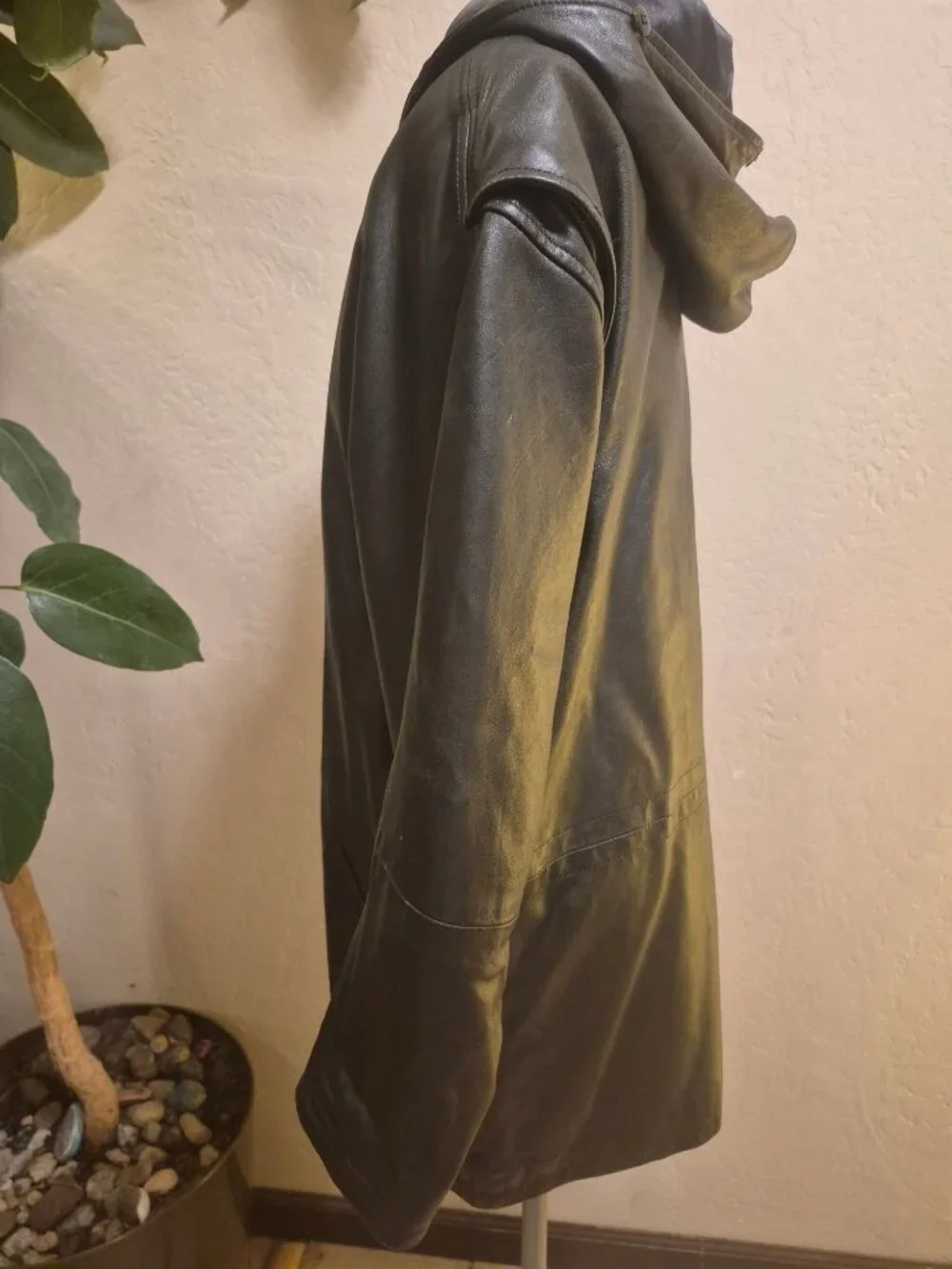 Vintage Izzi Black Leather Hooded Zip-Up Jacket Medium - Picture 4 of 8